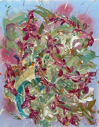 an abstract painting of flowers and leaves