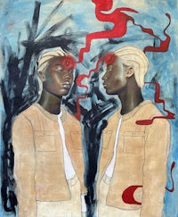 a painting of two black men with red hair