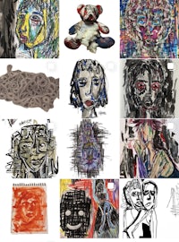 a collage of drawings of people and animals