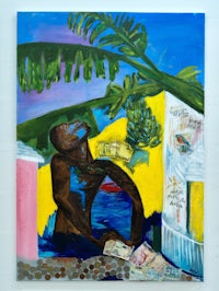 a painting of a man sitting under a palm tree