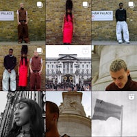 a collage of photos of people standing in front of a building