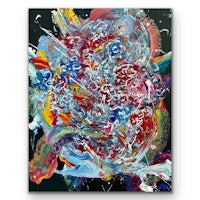 an abstract painting with colorful paint on a black background