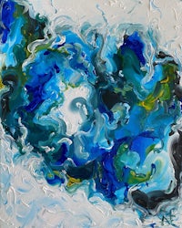 an abstract painting of blue and white swirls