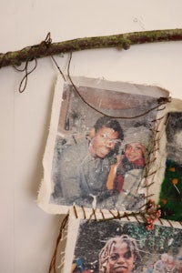 a photo of a child hanging on a branch