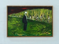 a painting of a man standing in a field